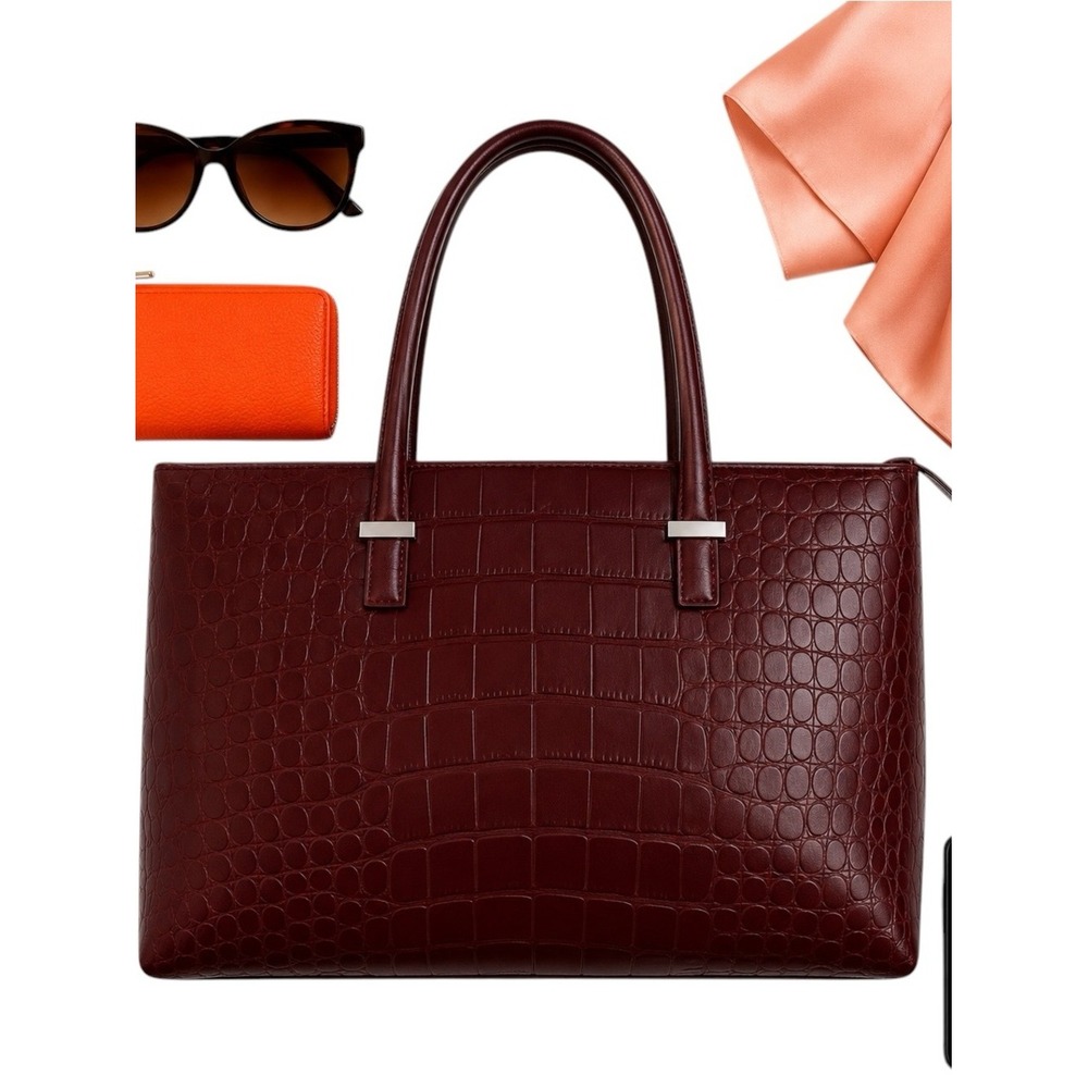 Knomo London Burgundy Croc Embossed Laptop Work Tote Business Travel Bag 18x12x6